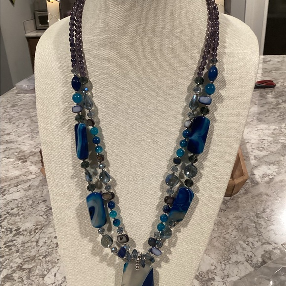 Oceanic Elegance Blue 2 Strand Glass Boho Statement Necklace - Picture 5 of 5